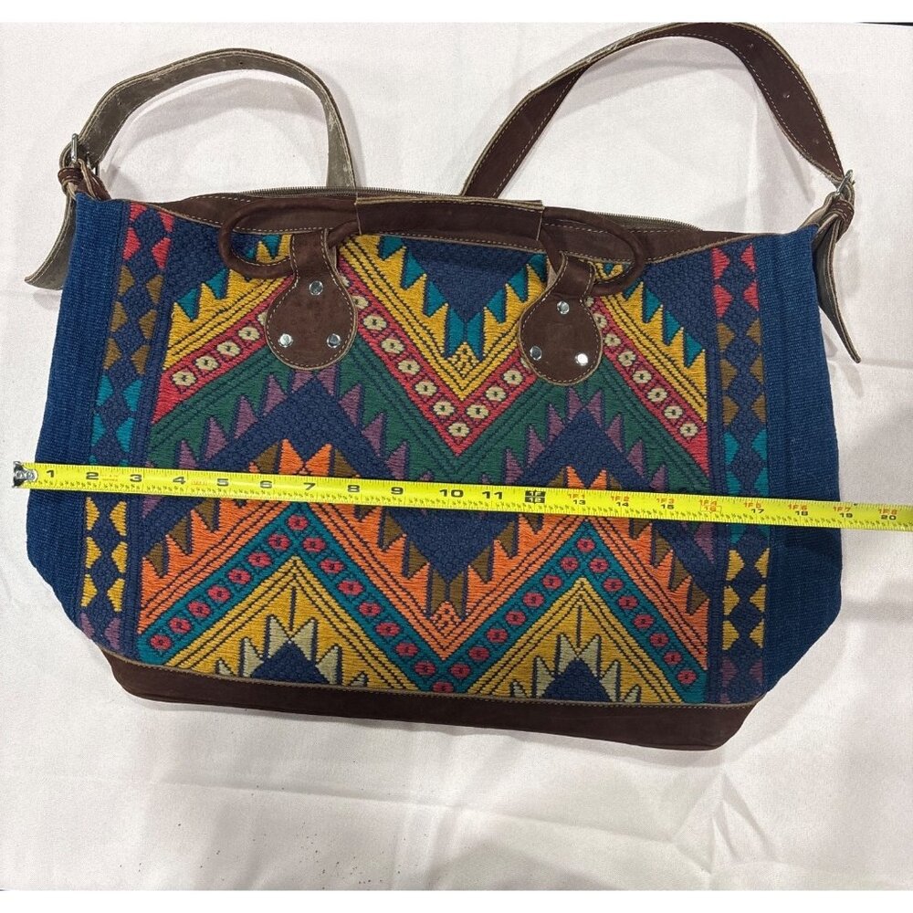 Vintage-Inspired Boho Shoulder Bag Chevron Pattern & Leather Accents Adjustable - Picture 9 of 10
